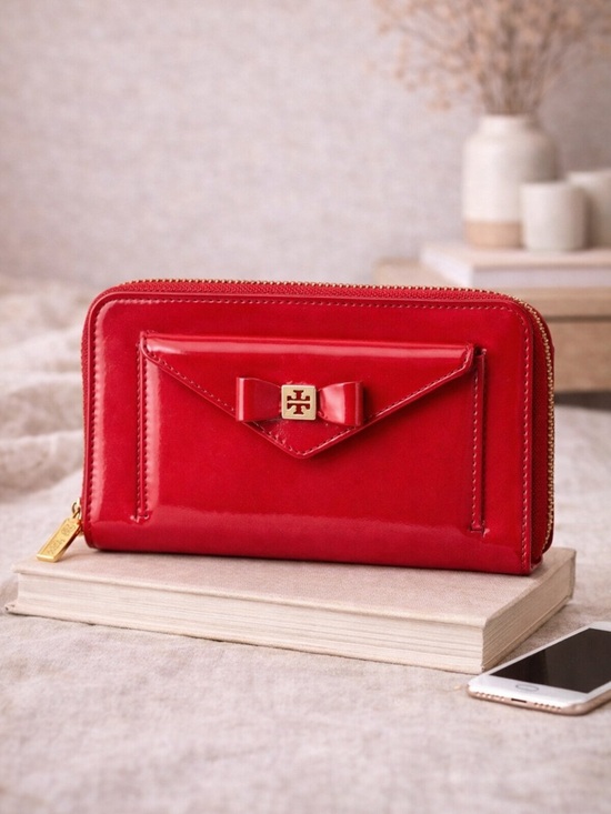 Tory Burch Handbags - Tory Burch Red Patent Leather Bow Wallet Zip Around Clutch Gold Logo Designer